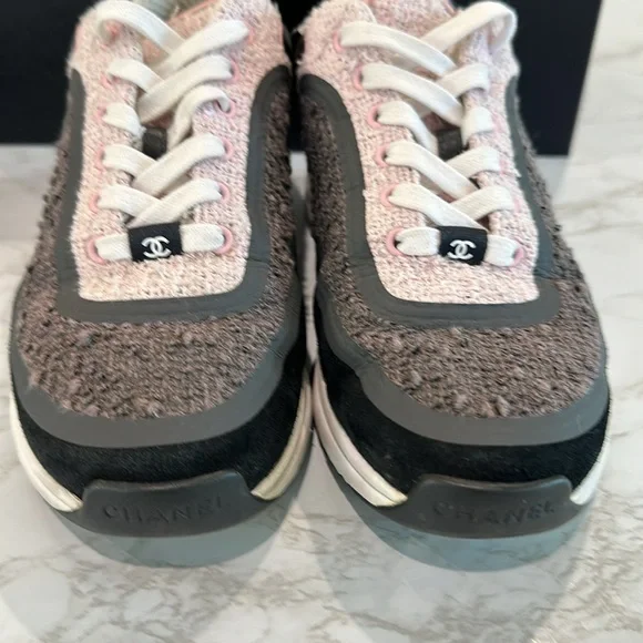 CHANEL pink and grey tweed sneakers size 37.5 - Picture 11 of 12